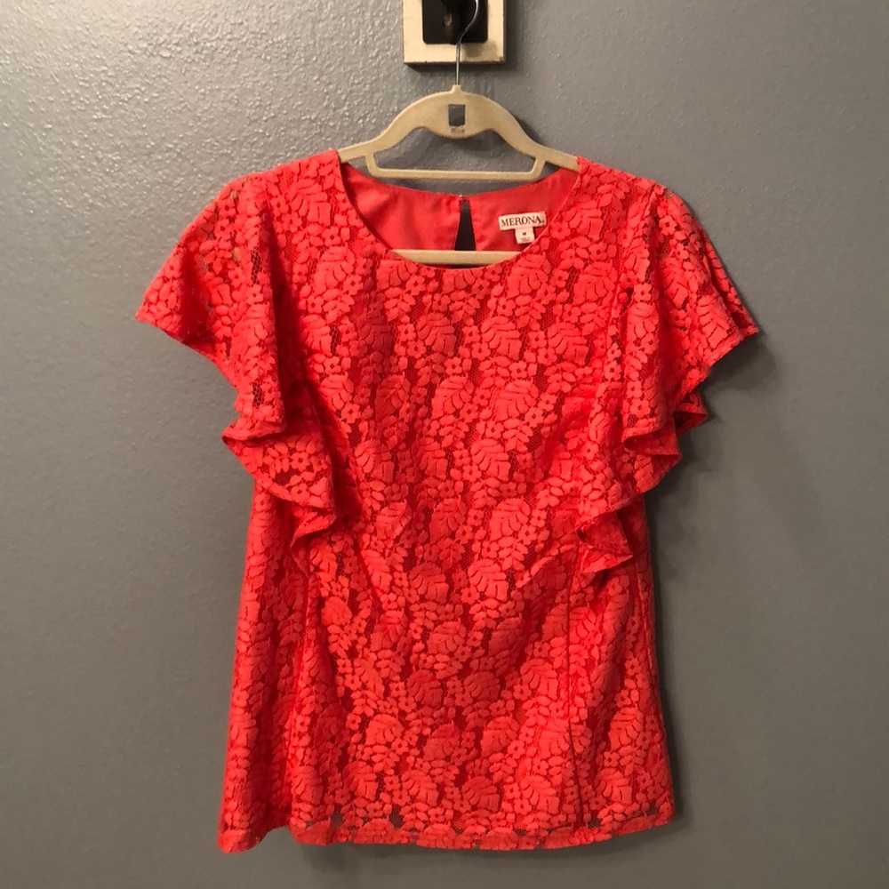 Coral Lace Ruffle Blouse